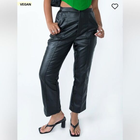 Princess Polly Encore Black Vegan Leather Straight Leg Pleated Pants Size 12 - Picture 3 of 14